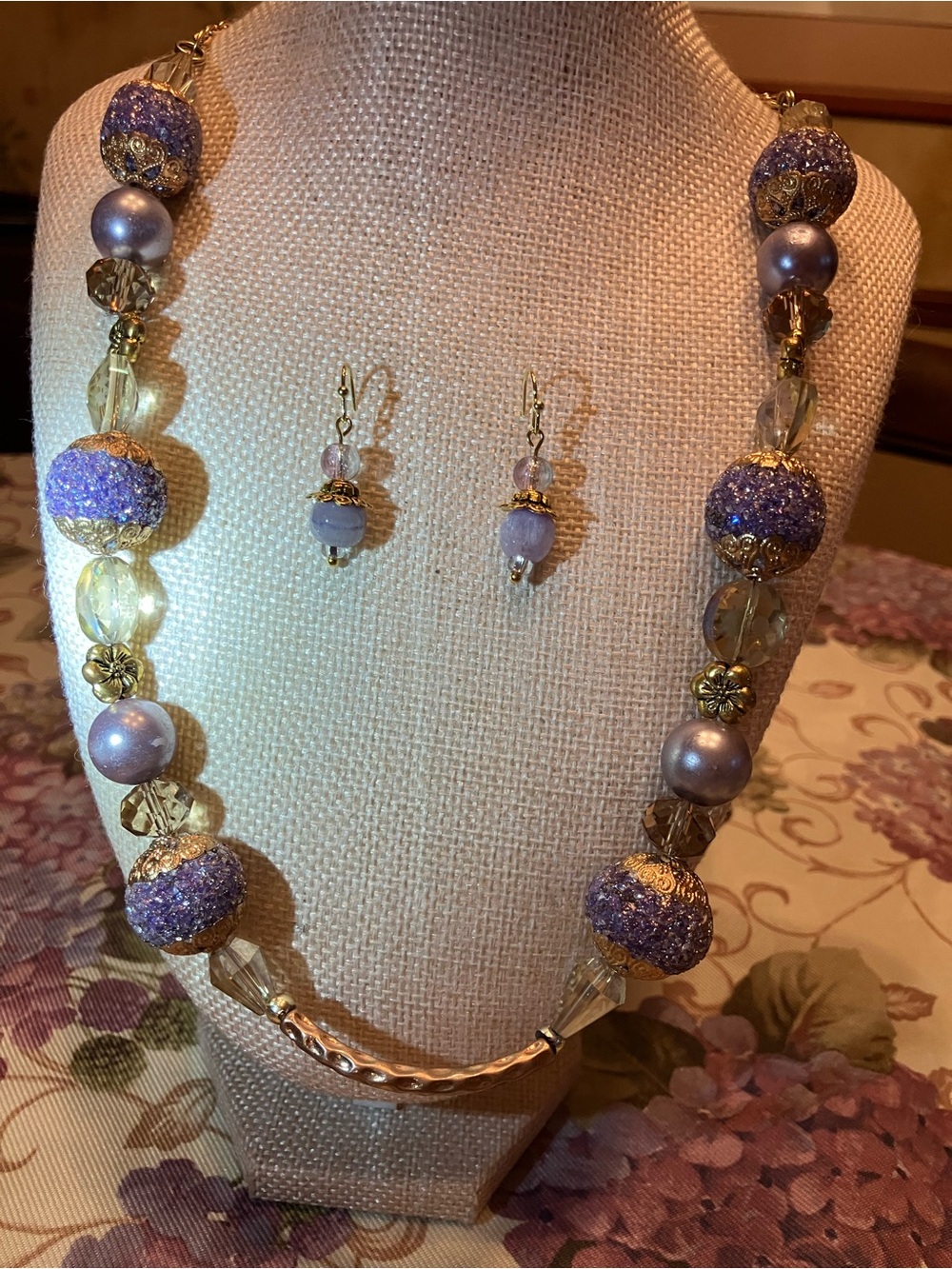Hand crafted necklace and Earring set with Crystal faceted clear & lavender bead